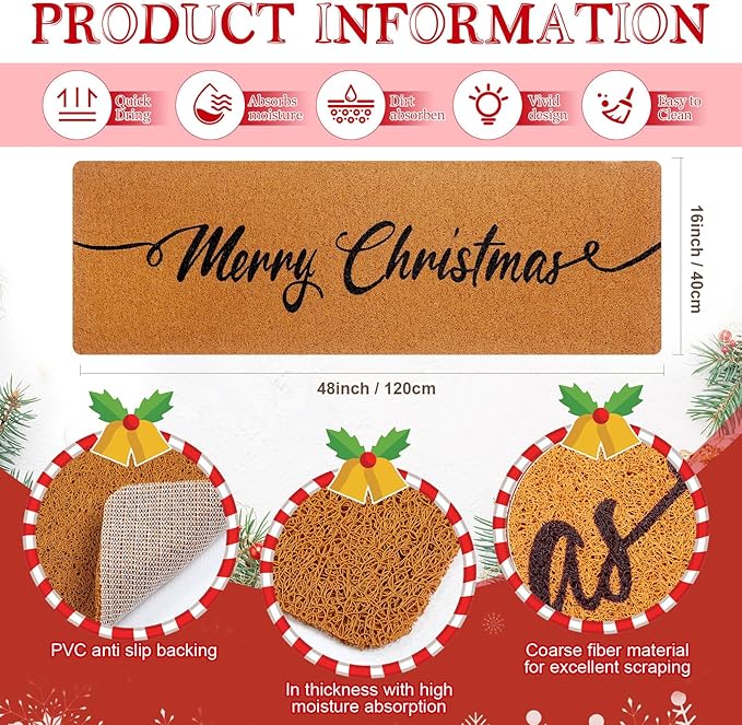 Long Doormat 48''x16'' Front Door Mat for Entrance Inside Outdoor Large Decorative Door Rug Welcome Mat for Outside Home Entry(Merry Christmas,Yellow)