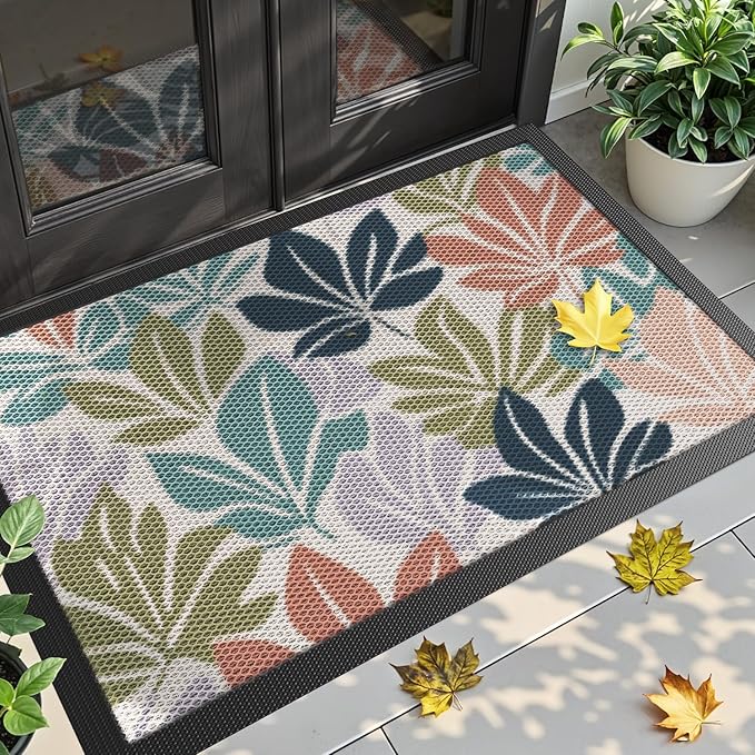 DEXI Front Door Mat Outside Entrance, Fall Autumn Entryway Doormat Dirt Trapper, Heavy Duty Non Slip Entry Mats for Patio Garage Porch Home Decorative, 32x48, Colorful Leaves