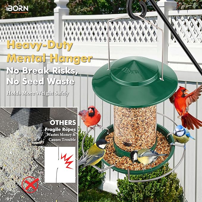 iBorn Bird Feeder Metal Squirrel Chew-Proof Bird Feeders for Outdoors Hanging for Cardinal Outside, Holds 1.5LB Seed with 3 Perchs, Green (Seed is not Included)