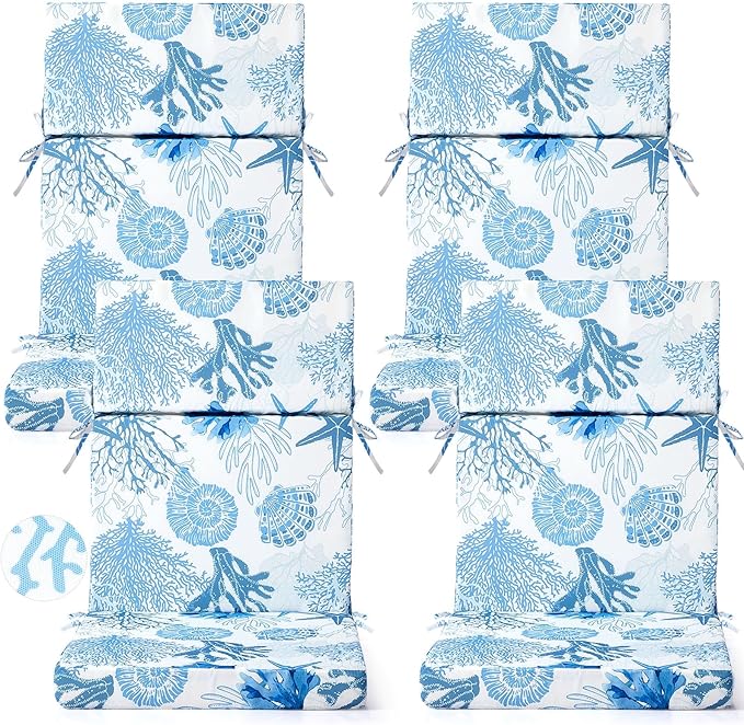 4 Pack Outdoor High Back Chair Cushion, 44 x 20 inches Patio Chair Cushions Waterproof Rocking Cushions Indoor Furniture Seat Pad, Weather Resistant (Ocean,Blue)