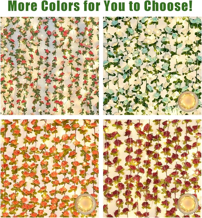 BLEUM CADE 5Pcs 41Ft Flower Garland Artificial Rose Vines with 32.8Ft String Lights, Cute Fake Hanging Flower Vines Floral Garland Decorations for Wedding Party Wall Room Decor Aesthetic