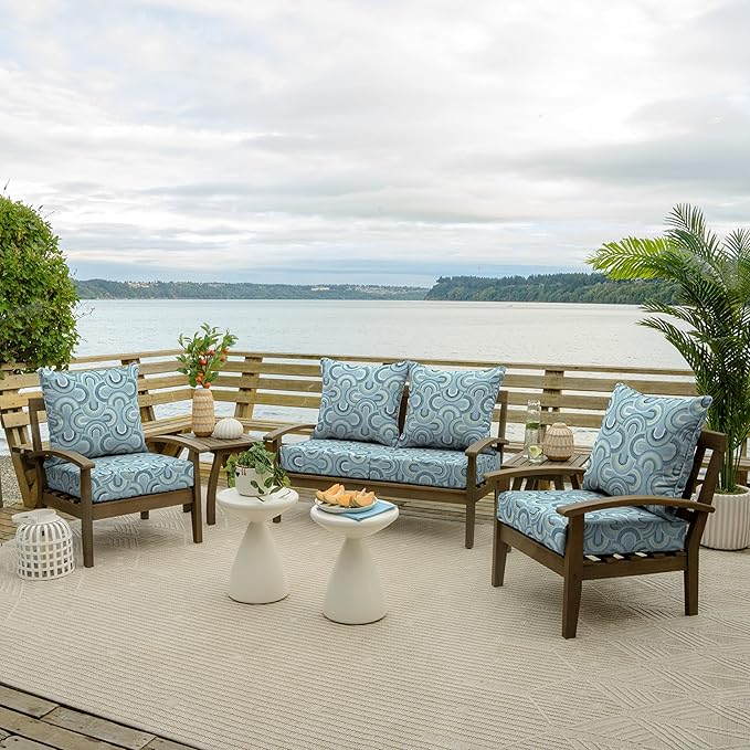 Arden Outdoor Foam Deep Seat Cushion Set, 24 in x 24 in, Weather-Proof, Rain-Proof, Fade Resistant Patio Cushion, Bottom and Back Cushion for Chair, Sofa, and Couch Coastal Blue Geometric