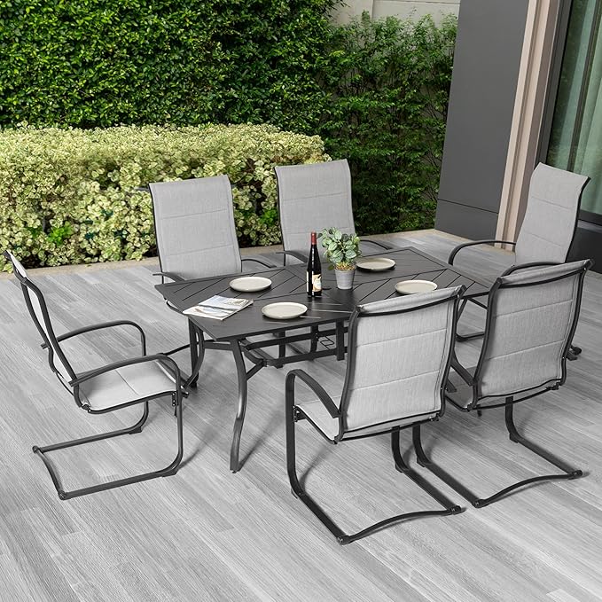 NUU GARDEN 7 Piece Outdoor Patio Dining Set, 6 Textilene Dining Chairs and 61" Rectangular Patio Dining Table with 1.77" Umbrella Hole, for Backyard, Patio, Garden, Gray and Black