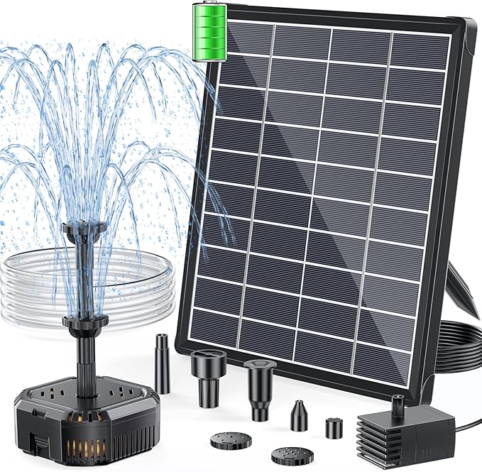 POPOSOAP 6.5W Solar Fountain Pump with Filter Box Built-in Battery Backup, Solar Water Fountain with Nozzles & Tubing for Bird Bath, Small Ponds, Fish Tanks & Water Gardens P3065D