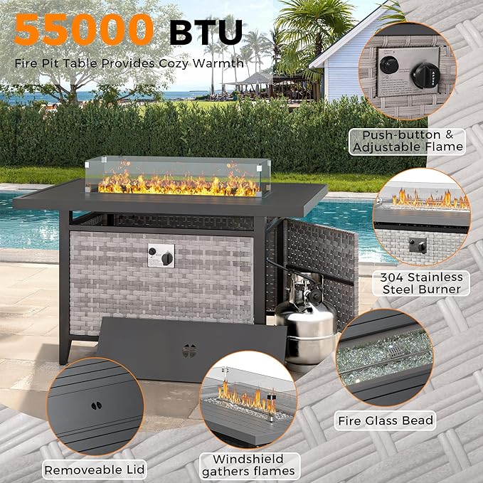 10-Seat Outdoor Wicker Patio Furniture Set with Fire Pit Table, Modular Rattan Sectional Sofa & 2 Swivel Rocking Chairs, 4" Thick Cushions, Rust-Resistant Frame,Gray