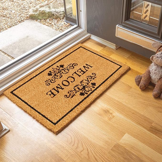 LuxUrux Welcome Mats Outdoor Coco Coir Doormat, with Heavy-Duty PVC Backing - Natural - Perfect Color/Sizing for Outdoor/Indoor uses. (17 x 30, Tuscan - Welcome)