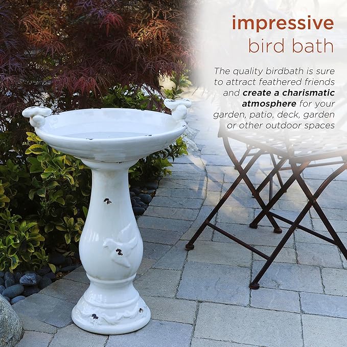 Alpine Corporation 25" Tall Outdoor Antique Ceramic Birdbath with 2 Bird Figurines - Vintage Style Garden Bird Bath Bowl for Patio, Yard, Lawn Decor, Light Brown