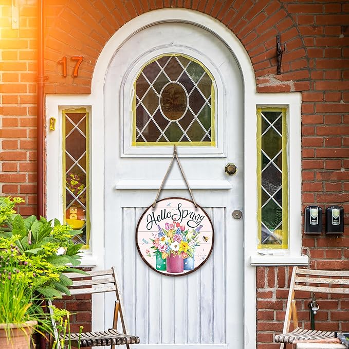 Spring Hanging Decor For Front Door, Mason Jar Flowers Welcome Spring Round Sign Decor For Farmhouse Home Yard Porch, Hello Spring Decorations, Spring Wall Plaque Gifts For Friends Family -03