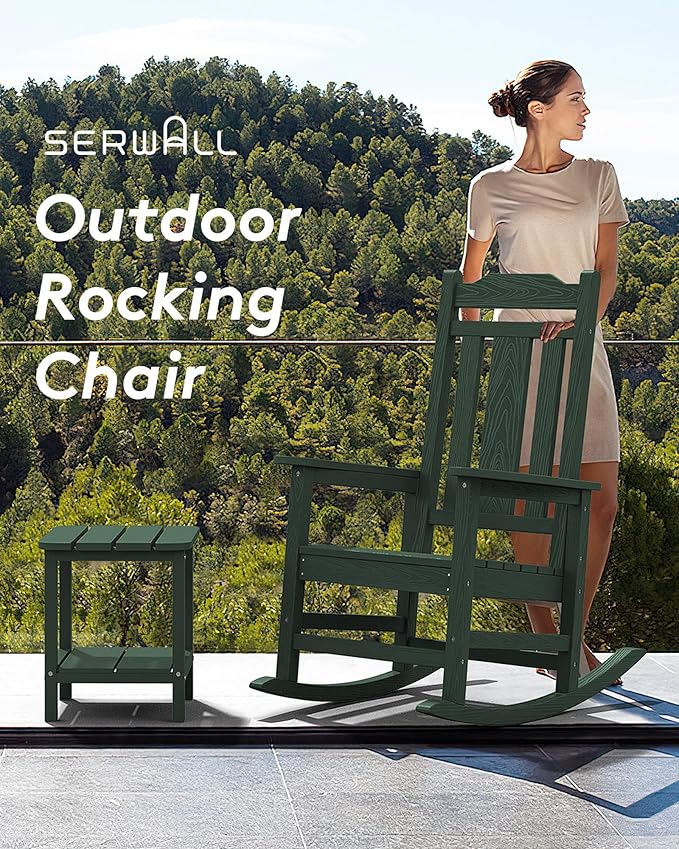 SERWALL Outdoor Rocking Chair, Patio Rocking Chairs for Porch, HDPE Rocking Chair Outdoor for Adults, Heavy Duty Front Porch Rocker, Green