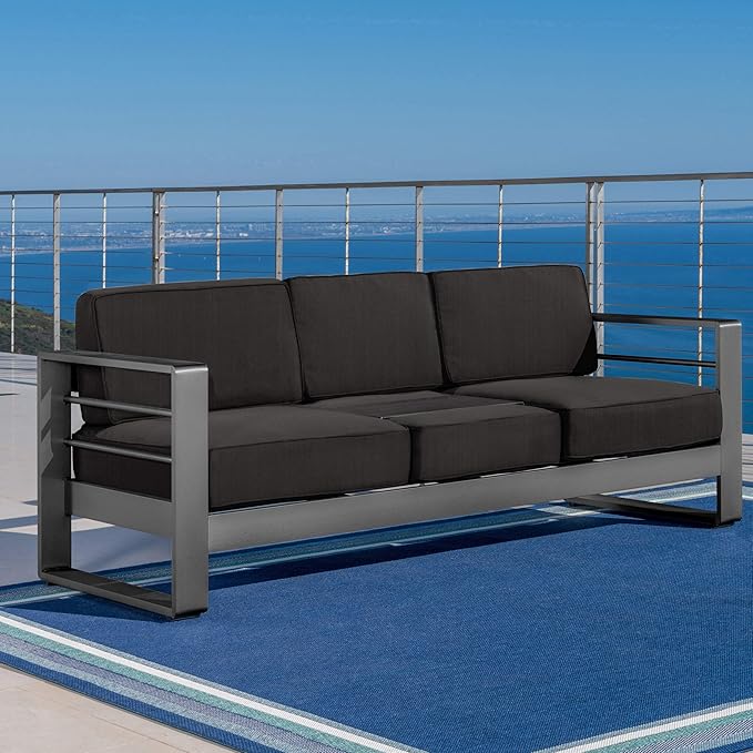Christopher Knight Home Capecora 3-Seater Sofa with Removable Tray Table, 76.25''W Convertible Aluminum Patio Couch with Cushions, Space-Saving Outdoor Seating for Garden Backyard Balcony, Dark Gray