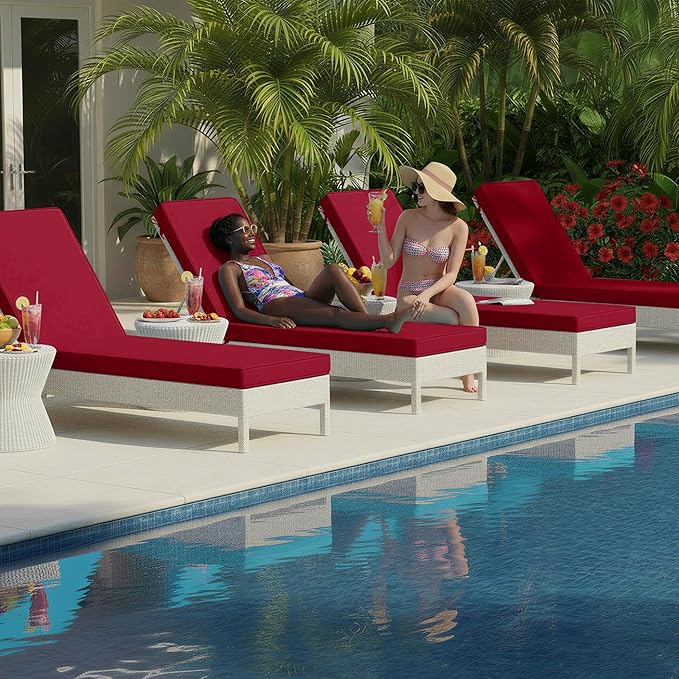 Chaise Lounge Cushions Outdoor Set of 4 - Waterproof and Fade Resistant Sun Lounger Replacement Cushions - Patio Lounger Pads with Removable Cover for Pool, Deck, Lawn, 72 x 21 x 3 Inch, Red