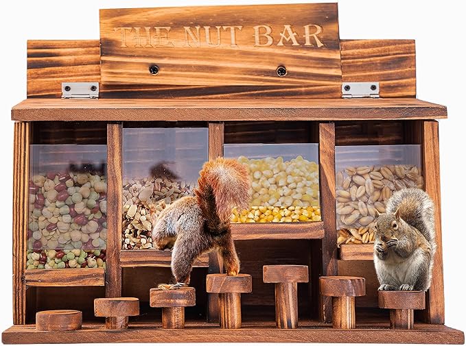 CODIN Squirrel Feeder Table, Wooden Squirrel Picnic Table Feeder, Durable Squirrel Feeder Corn Cob, with Solid Structure, Stable Squirrels Stool Bar, 16 x 12 x 7 Inches (Burnt Wood)