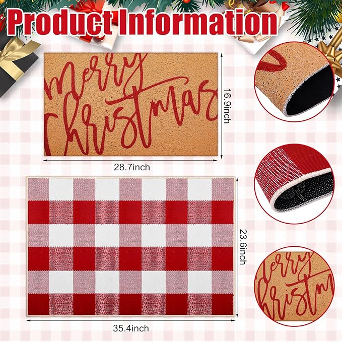 Tinideya 2 Pcs Christmas Door Mat Xmas Welcome Non Slip Coir Mats Merry Christmas Red White Buffalo Plaid Floor Layering Doormats Seasonal for Front Porch Entryway Decor(Red White Buffalo)