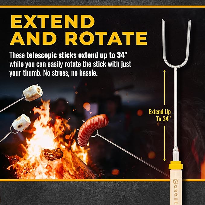 CORQUE Marshmallow Roasting Sticks, Smores Sticks, Extendable, Camping Skewer for Fire Pit, Wooden Handle, 34 inch Metal for BBQ Hotdog, Cooking, Campfires, Bonfires, Set of 10 [New Model]