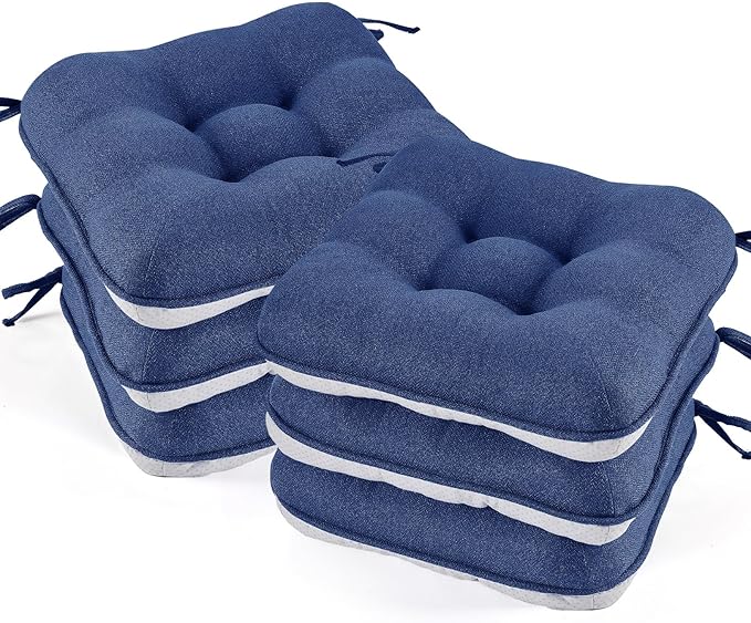 BETU Chair Cushions for Dining Chairs Set of 6,3.5" Thick Kitchen Table Chair Pads with Ties,Non Slip Backing and Covers, Seat Cushion for Dining Room,Bar,Patio Chairs,16"X16"X3.5",Navy Blue