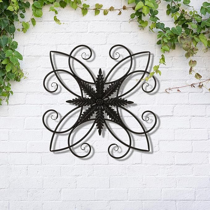 Glitzhome Black Metal Wall Art Decor, 20 Inch Iron Wall Decor with Clematis Scroll Pattern, Indoor Outdoor Wall Accent for Garden Porch Patio