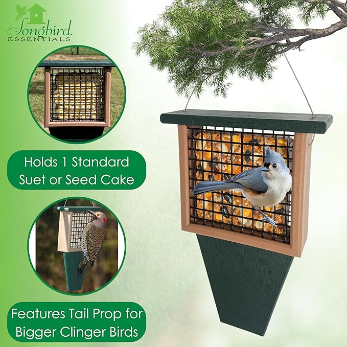 Songbird Essentials Tail Prop Suet Feeder - Recycled Plastic Bird Feeder with Coated Wire Cage for Bird Seed Cakes - Hunter and Driftwood