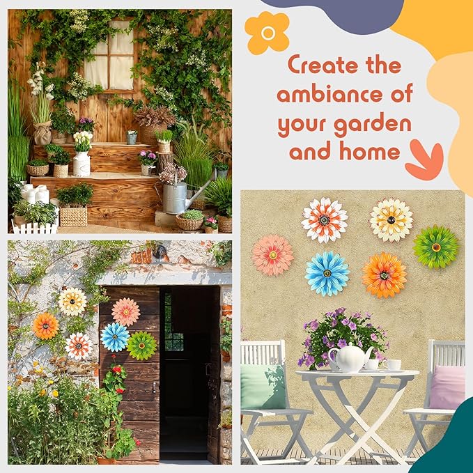 Zhehao 6 Pcs Metal Flower Wall Art Decor 8 Inch Sunflower Wall Decorations Hanging Outdoor Art Multicolored Handmade Metal Flowers Outdoor Decor(Elegant Color)
