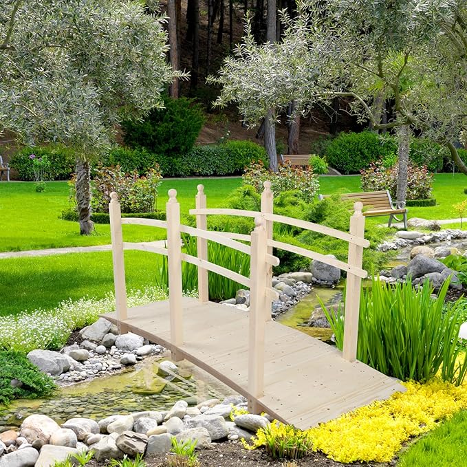 VINGLI 7.5 ft Garden Bridge, Arch Walkway Wooden Bridge with Safety Rails Natural Finished, Decorative Landscaping Footbridge for Koi Pond, Dry Creek Bed, Garden Pathway or Japanese Zen Decor