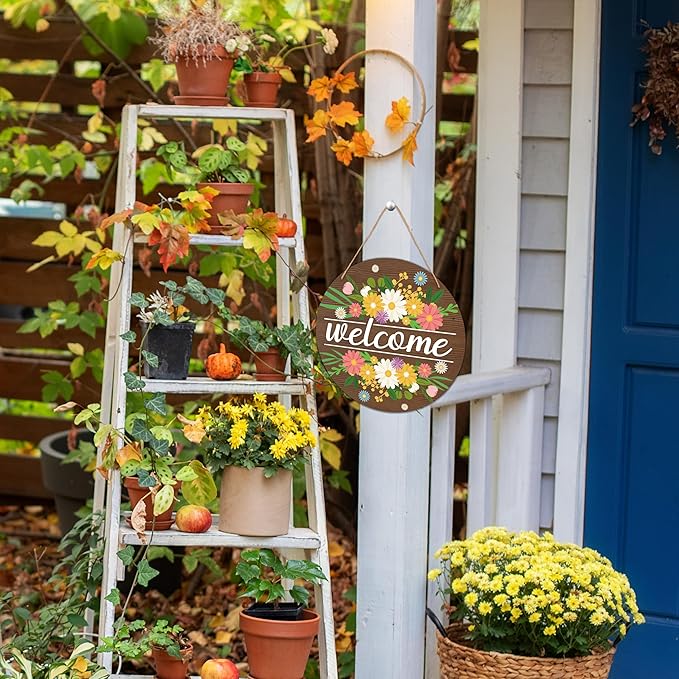 Welcome Front Door Sign, Spring Summer Flower Wooden Hanging Sign, Floral Farmhouse Front Door Hanger, Round Indoor Outdoor Home Porch Window Decor(10"x10")-B03