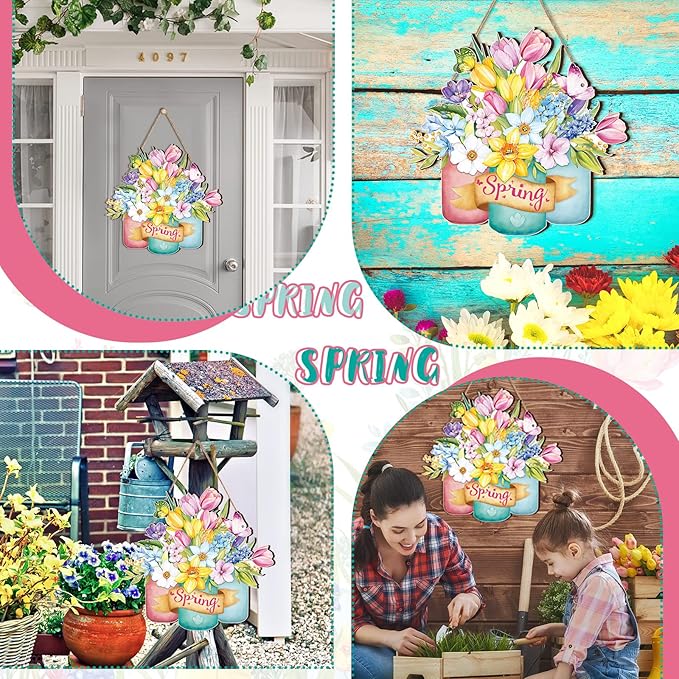 Juexica Spring Decorations for Home Spring Wreaths for Front Door Welcome Sign Door Hanger Decorations Rustic Flower Wall Decor for Easter Party Outdoor Indoor Decor