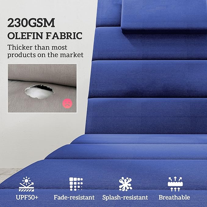 Outsunny Outdoor Lounge Chair Cushion Set of 2, 80" x 26" UPF50+ 230gsm Olefin and 25D High-Density Foam, Foldable Patio Chaise Lounge Cushion Set, Fade Resistant for Lawn Pool, Dark Blue