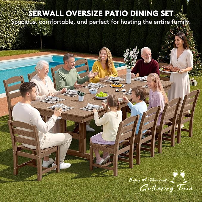 SERWALL 11 Piece Outdoor Dining Set, 84" HDPE Outdoor Table and Chairs for 10，All Weather Patio Furniture Set with Umbrella Hole for Backyard, Garden, Brown