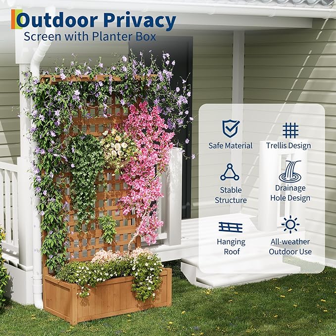 72"h Large Raised Garden Bed with Trellis & Roof, Outdoor Wooden Planter Box for Vine Climbing Plants, Flowers & Vegetables, Freestanding Horticulture Planter with Drainage Holes for Patio Yard Balcon