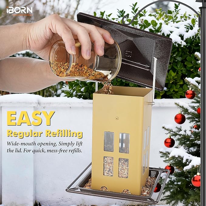 iBorn Bird Feeder for Outdoor Hanging,Metal Bird Feeder Hanging Outside for Cardinal, Double-Sided Hanger Wild Birdfeeder All Metal Constructions, Holds 2.6LB Seed, Muted Yellow,8 Ports