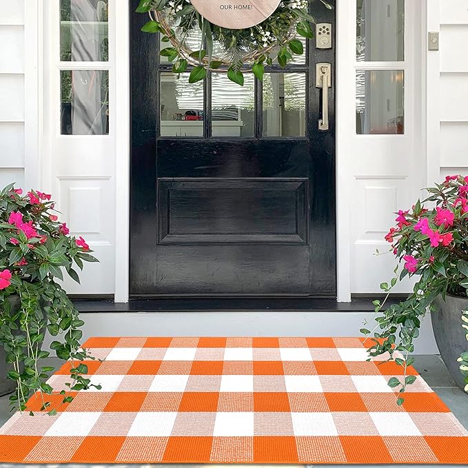 IOHOUZE Fall Buffalo Plaid Check Rug Outdoor Doormat 27.5 x 43 Inches Washable Woven Porch Decor Welcome Mats for Front Door/Farmhouse/Entryway/Home Entrance Orange and White Outdoor Rug