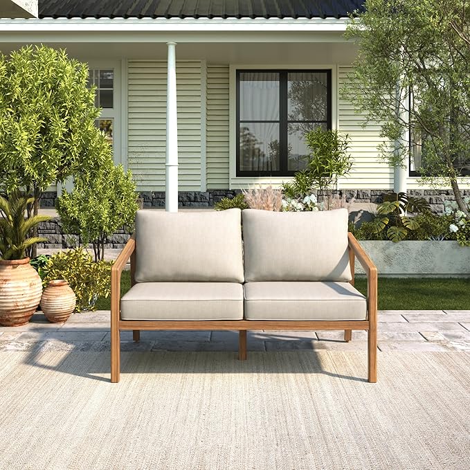 Christopher Knight Home Westin Acacia Wood Patio Loveseat Sofa with Cushion, Outdoor 2-Seater Sofa with Removable Cushions, Patio Furniture Sofa for 2, Teak+Beige