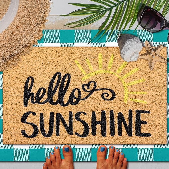 Tinideya 2 Pcs Summer Door Mat Non Slip Wildflower Coastal Hello Sunshine Sweet Home Ocean Pet Welcome Floor Doormat Buffalo Plaid Checked Stripe Mat Seasonal for Front Porch Entryway(Sunshine)