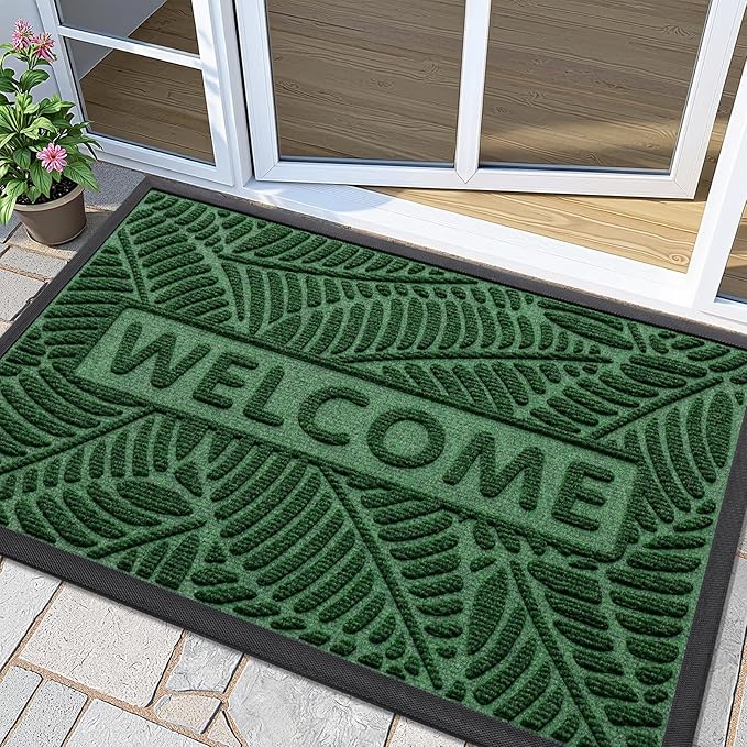Smiry Welcome Mat Indoor Outdoor, All-Season Waterproof Front Door Mat, Sturdy Natural Rubber Doormat, Non-Slip, Easy Clean, Low Profile Dirt Trapper for Porch Patio Entrance, 47x32, Green