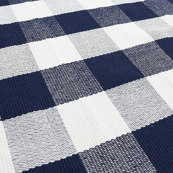 MUBIN Cotton Buffalo Plaid Rug, 3'x5' Navy Blue and White Outdoor Rug Front Door Decorative Mat, Hand-Woven Reversible Foldable Rug for Layered Door Mats Washable Carpet for Front Porch, Entryway