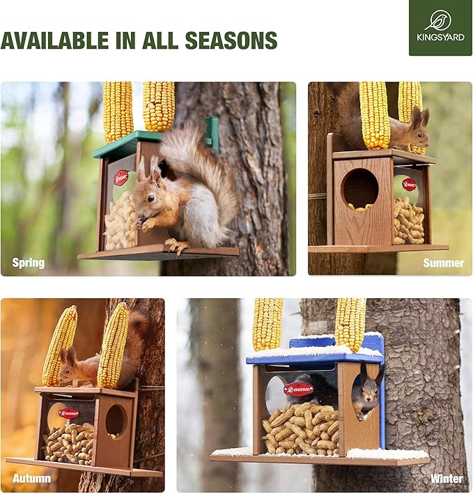 Kingsyard Squirrel Feeder Box for Outside, Recycled Plastic Squirrel Feeder Box with Corn Cob Holders, Easy to Refill & Clean, Weather-Proof Roof (Green)