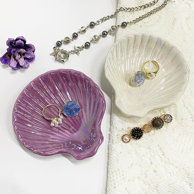 Shell Jewelry Ring Holder Dish, Seashell Jewelry Dish Tray, Ceramic Jewelry Plate Bowl, Engagement Trinket Dish, Wedding Birthday Mother's Day Christmas Gift for Women, 3.9", Purple Iridescent Surface