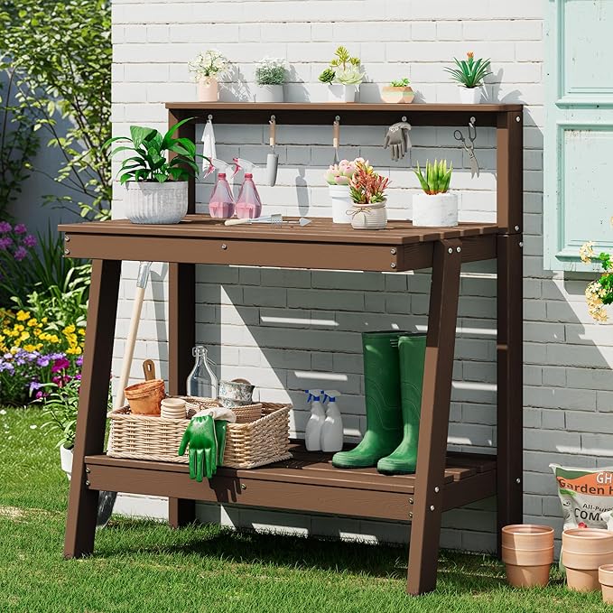 SERWALL Potting Bench Outdoor with Storage, 3-Tier HDPE Gardening Table with Angled Legs & Tool Hooks, All-Weather Heavy Duty Potting Table for Patio, Backyard, Garden, Brown