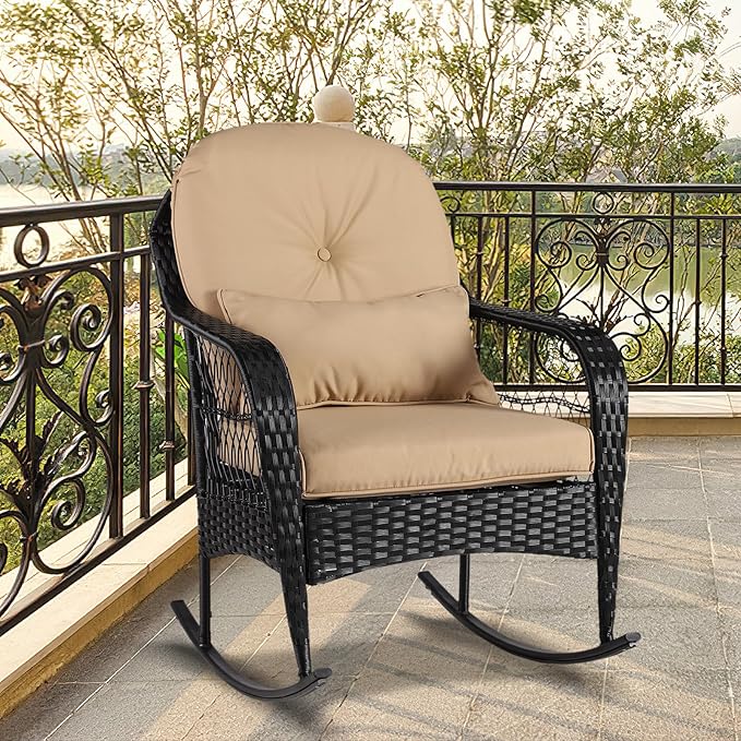 Outdoor Wicker Rocking Chair, 2 Piece PE Rattan Rocker Set with Cushion & Pillow, Outdoor Rocking Furniture for Garden, Porch, Backyard, Poolside (Black Rattan+Khaki Cushion)
