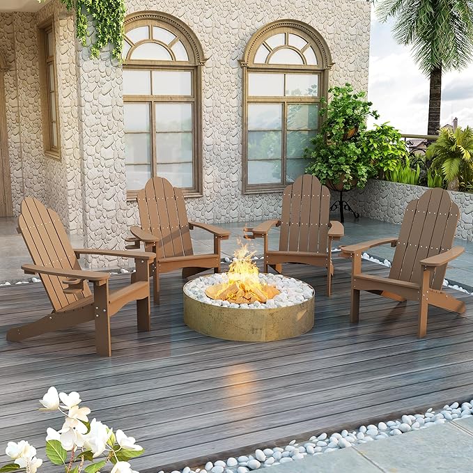 LUE BONA HDPS Adirondack Chairs Set of 2, Fire Pit Outdoor Chair Weather Resistant with Cup Holder, Modern Plastic Chair Plastic for Patio, Deck, Proch, 350LBS, Brown
