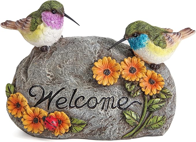 Garden Decor for Hummingbird Statue,Bird Figurines Welcome Sign for Outdoor Decorations,Bird Outdoor Statues Gifts for Lovers Women,Hummingbird Garden Art for Patio Yard Lawn Home Shelf Decor Accent