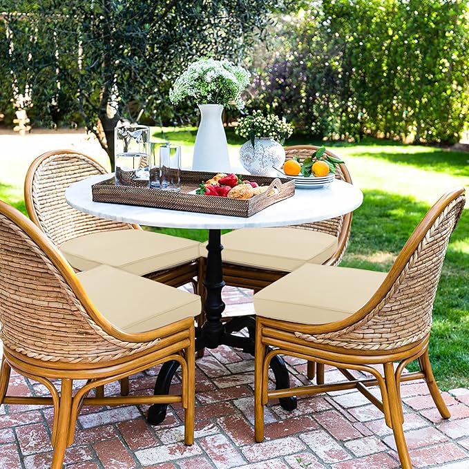 Outdoor Chair Cushions Set of 4 Waterproof Patio Chair Cushions with Tie 5 Year Color Fastness Thick Outdoor Seat Cushion for Garden Lawn Round Corner Beige 17x16 Inch