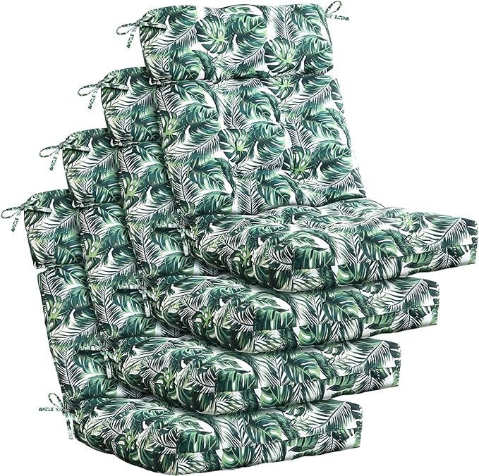 Barydat 4 Pcs Tufted High Back Chair Cushion Indoor Outdoor Seat and Back Cushions Palm Leaves Tropical Plants Lawn Rocking Chair Pads with Ties for Adirondack Patio Garden (Classic Style)