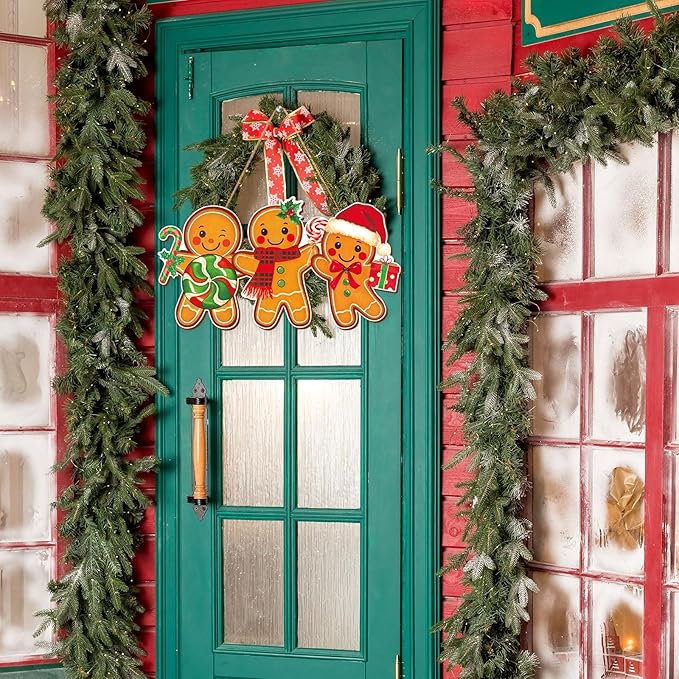 Whaline Christmas Wooden Hanging Sign Gingerbread Man Candy Welcome Wood Sign Xmas Holiday Door Decor Signs for Indoor Outdoor Porch Wall