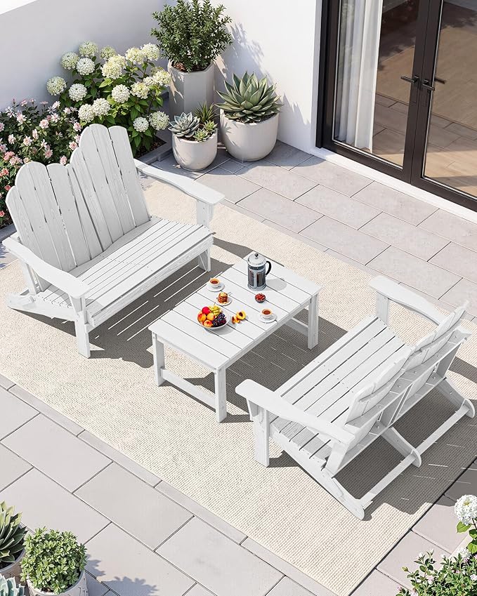 SERWALL Folding Adirondack Bench Set of 2, HDPE All-Weather 2-Person Adirondack Loveseat Bench, White