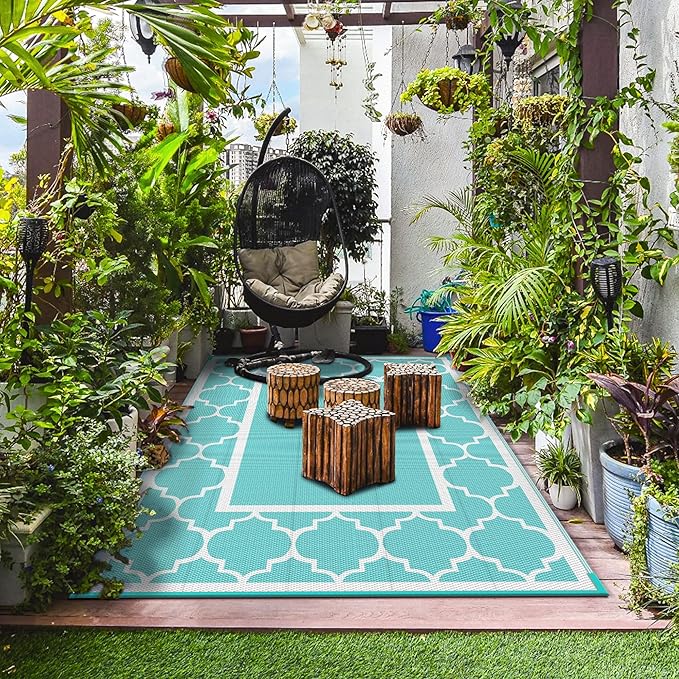 GENIMO 9 ' x 12 ' Outdoor Rug for Patio Clearance, Waterproof Indoor Outdoor Plastic Straw Rugs Carpet, Reversible Outside Area Mat for Camping, Balcony Porch, Deck, Picnic, Beach Aqua Blue & White