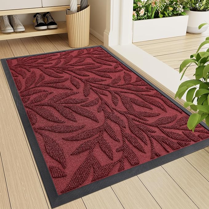 Smiry Front Door Mat Indoor Outdoor Entrance, Heavy Duty Natural Rubber, Trap Dirt and Moisture, Non-Slip Doormats, Low Profile, Easy Clean Patio Porch Entryway Mat, 29.5x17, Wine Red