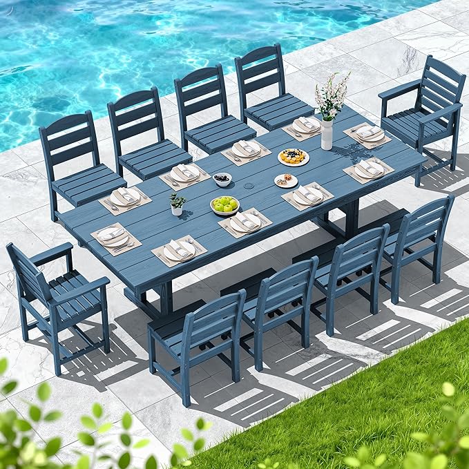 SERWALL 11 Piece Outdoor Dining Set, 84" HDPE Outdoor Table and Chairs for 10，All Weather Patio Furniture Set with Umbrella Hole for Backyard, Garden, Blue
