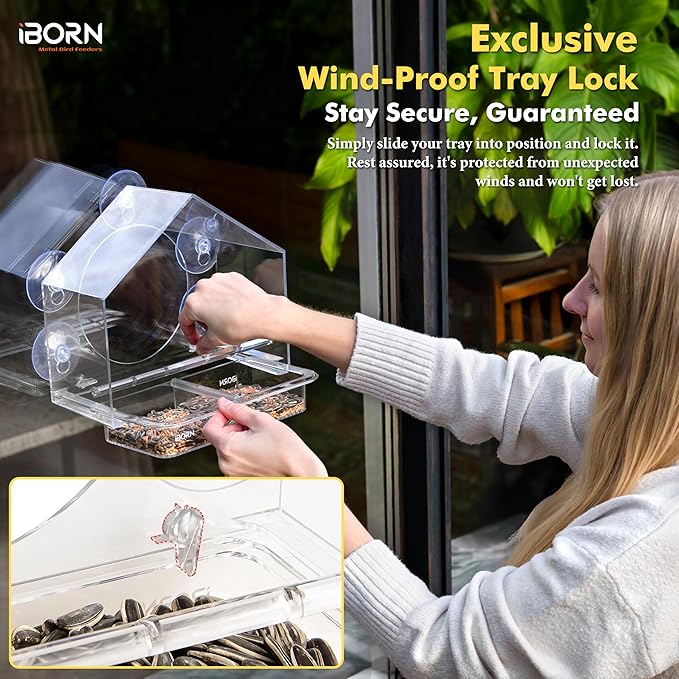 iBorn 2026 New Window Bird Feeders for Outdoors Wind-Proof Tray Lock,Cardinal Bird Feeder with Strong Suction Cups for Window Birds Watching, Chewproof PC, for Parent &Child