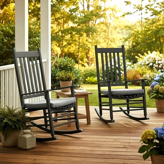 Shine Company Weather-Resistant Outdoor Rocking Chair Seat Cushions, 22"x20", Performance Fabric with Foam Core, Removable Cover with Ties, Set of 2, Gray