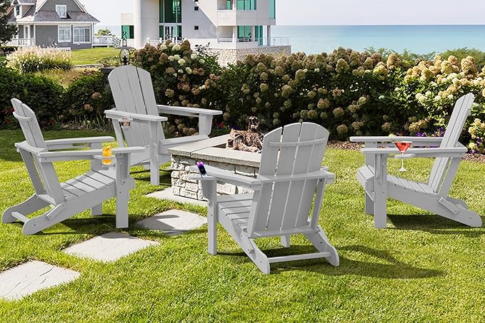 SERWALL Adirondack Chair with Cup Holders - Composite Adirondack Chairs Set of 2 HDPE Outdoor Chairs All Weather Use- Silver Gray